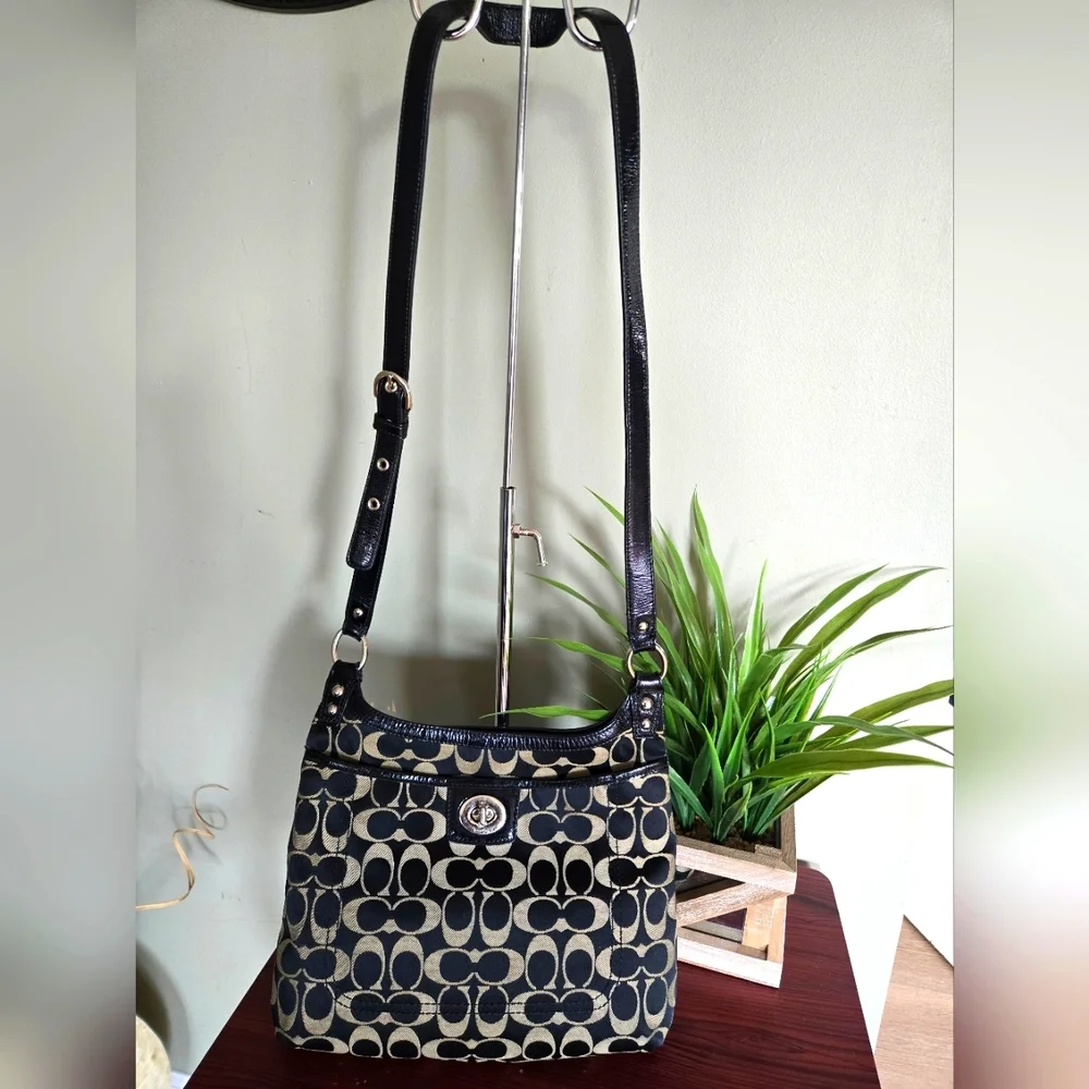 Coach Penelope Signature Sateen Hippie Crossbody Bag Black/Tan